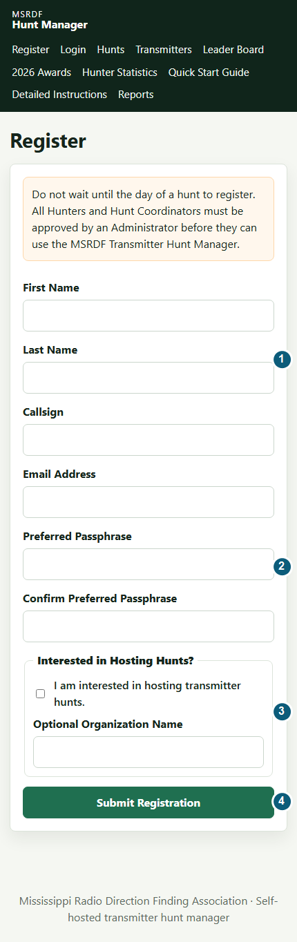 Annotated mobile Register form with four numbered callouts