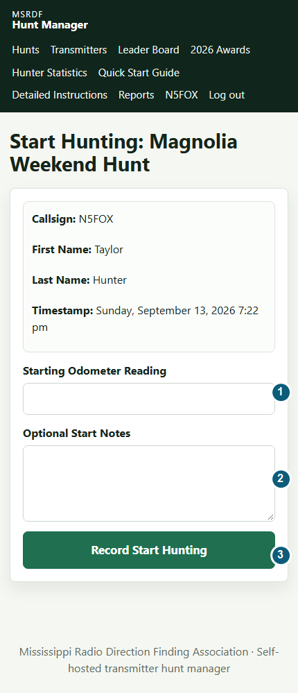 Annotated Start Hunting form showing starting odometer, notes, and Record Start Hunting