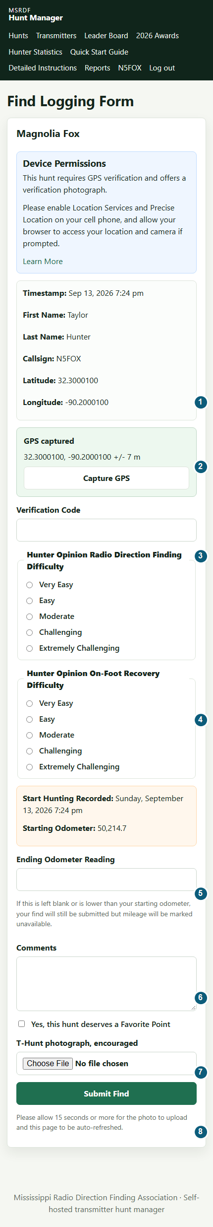 Annotated mobile Find Logging Form with eight numbered callouts