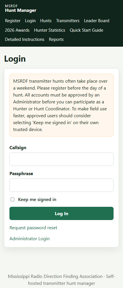 Mobile Log In form showing Callsign, Passphrase, Keep me signed in, and Log In