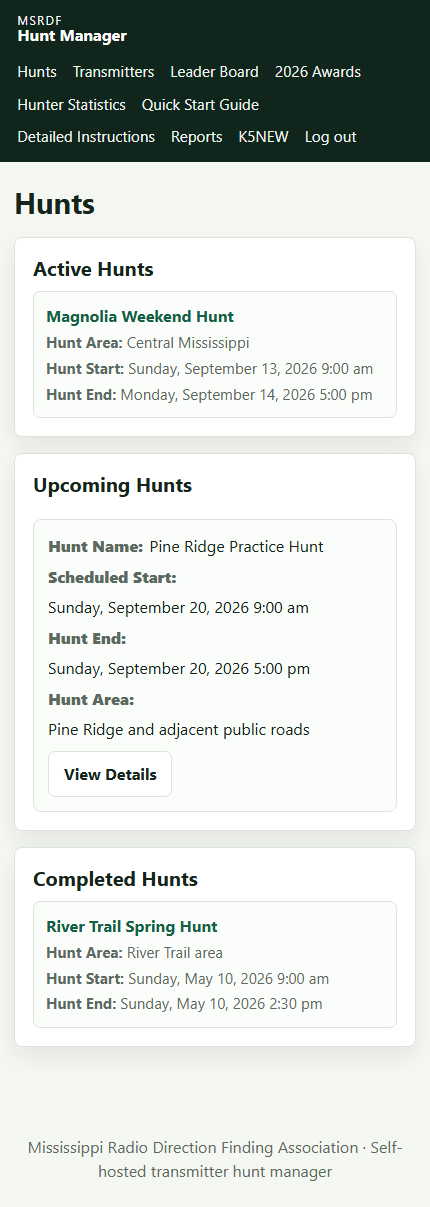 Mobile Hunts page with Active, Upcoming, and Completed sections